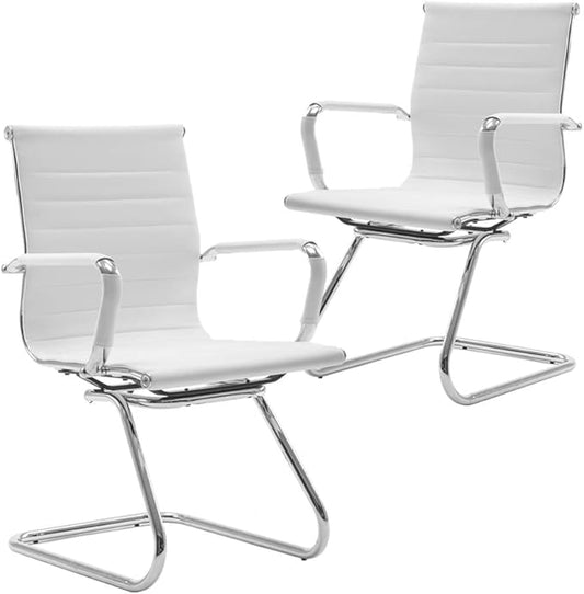 Reception Chairs Leather Conference Chairs No Wheels Back Support Heavy Duty Office Guest Chair, Set of 2 (White)