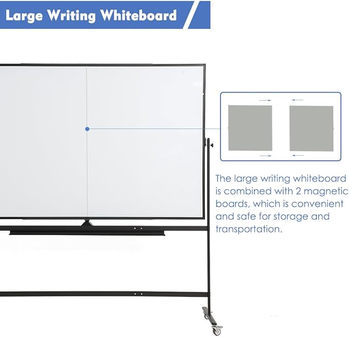 Large Magnetic Mobile Whiteboard 60"x48", Rolling Double Sided Stand Whiteboard on Wheels, Reversible Adjustable Height/Angle Dry Erase Board 5' x 4' Easel White Board for Office Classroom, Black