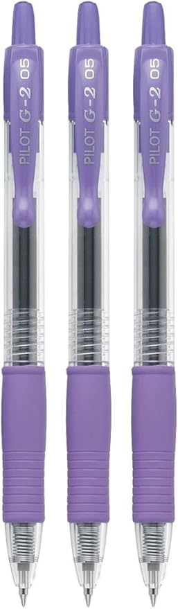 G2 Retractable Premium Gel Ink Roller Ball Pens Extra Fine Point (.5mm) Purple Ink 3 pack; Refillable & Premium Comfort Grip Bundle with Plastic Reusable Pouch
