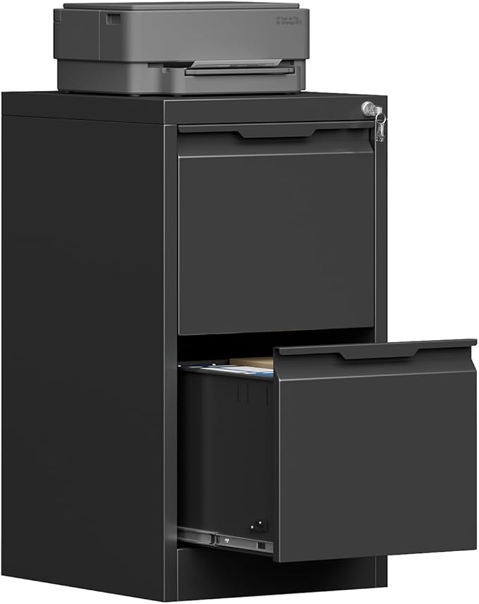 2 Drawer File Cabinet, Metal Vertical File Cabinets with Lock for Home Office, Locking File Cabinet Hanging Files for A4/ Legal/Letter, Assembly Required (Black, 2 Drawer - 15" W)