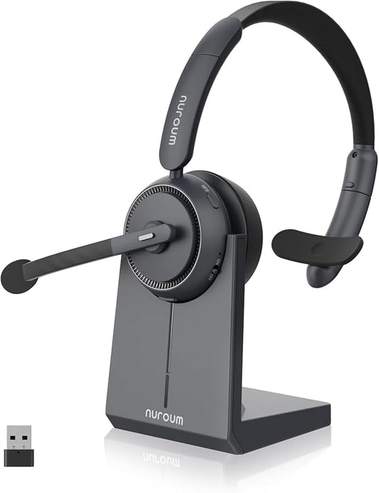 NUROUM HP31S(2nd Gen) Single Ear Wireless Headset with Mic, Bluetooth Headset with Noise Cancelling Microphones, Charging Stand, One Ear, Multi-Point/Mute, 45H Playback for Trucker/Call Center/Office