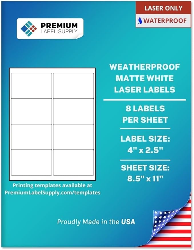 Premium Label Supply Waterproof White Address Sticker Labels – 4" x 2.5" – Laser Printers Only – (8 per Sheet), 100 Sheets - 800 Total Adhesive Labels