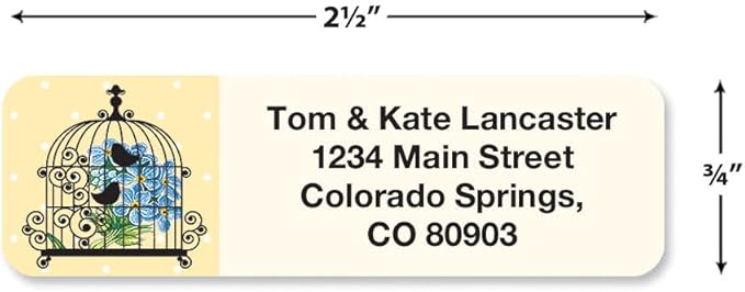 Birdcages Rolled Personalized Return Address Mailing Labels with Dispense, Set of 250, 5 Designs, Small ¾ x 2½ Inch Size, Custom Self-Adhesive Sticker Roll, by Colorful Images