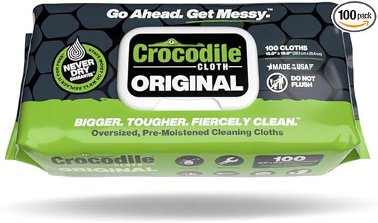 Crocodile Cloth Original Cleaning Wipes – 100 (15” x 10”) Hand & Tool Industrial Cleaning Wipes – Large Multi-Surface Cleaning Cloths, Water-Based Solution with Extreme Cleaning Power — Safe on Skin