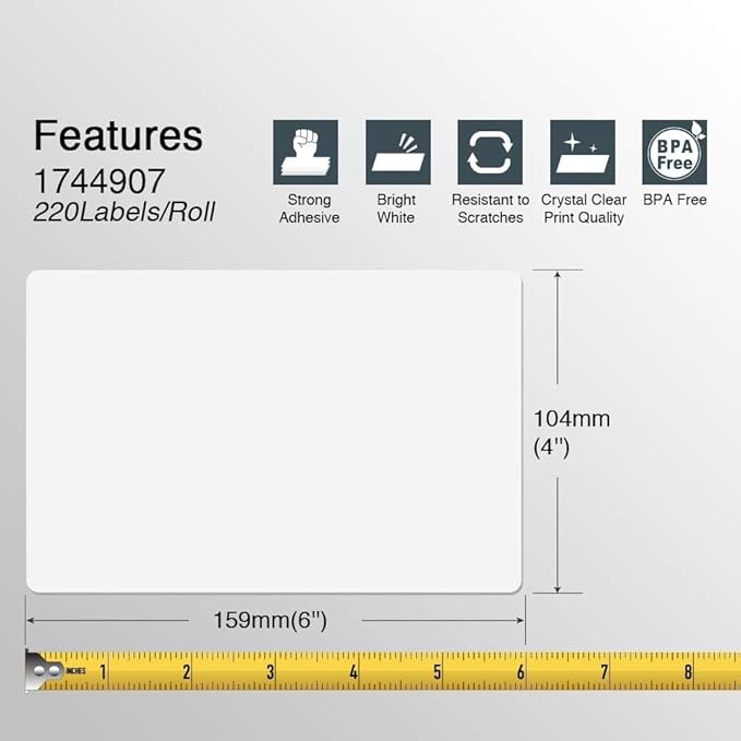 BETCKEY - Compatible DYMO 1744907 (4" x 6") Shipping Labels, Perforated, Compatible with DYMO Labelwriter 4XL Rollo & Zebra Desktop Printers, NOT Fit 5XL [2 Rolls/440 Labels]