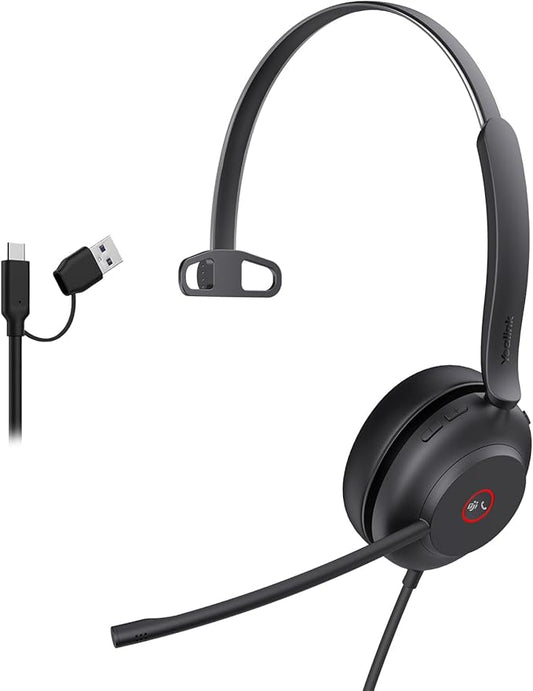Yealink USB Wired Mono Headset,UH37 Computer Headset with Noise Cancelling Microphone,USB-A & USB-C Call Center Headset for Teams,Zoom,Computer PC Laptop