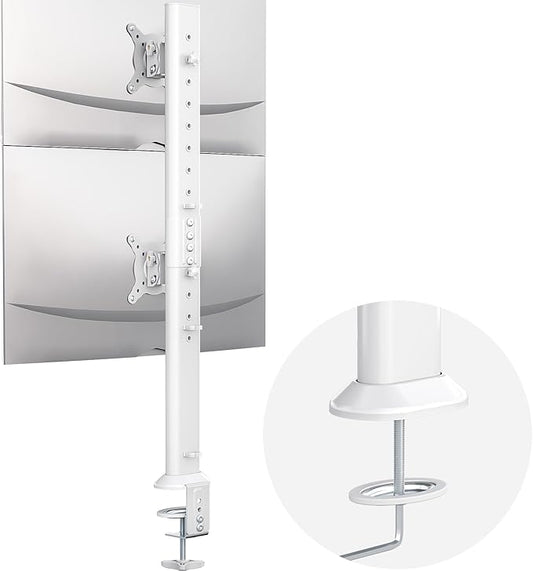 Dual Monitor Articulating Desk Mount Arm Stand - Vertical Stack Screen Supports Two 13 to 34 Inch Computer Monitors with C Clamp White