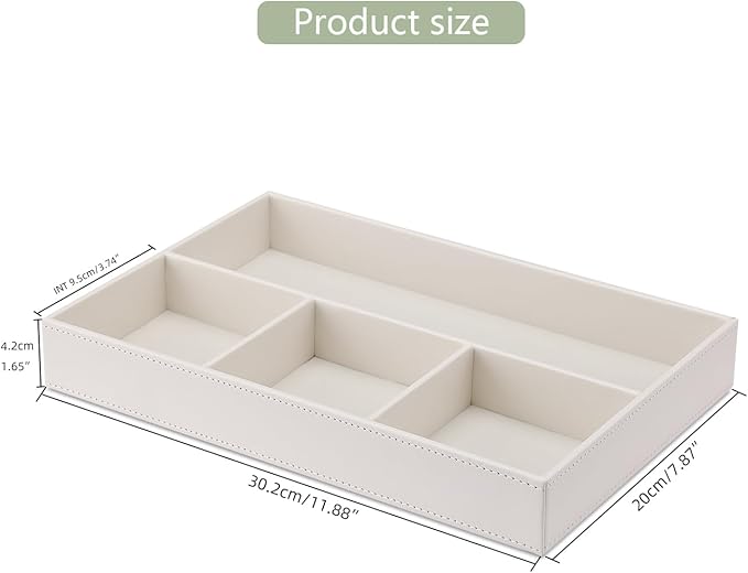 KINGFOM PU Leather Desk Drawer Organizer, 4 Compartment Office Supplies Stationery Storage Tray, Desk Organizers and Accessories Drawer Organizer Tray for Home, Makeup, Jewelry Stackable White