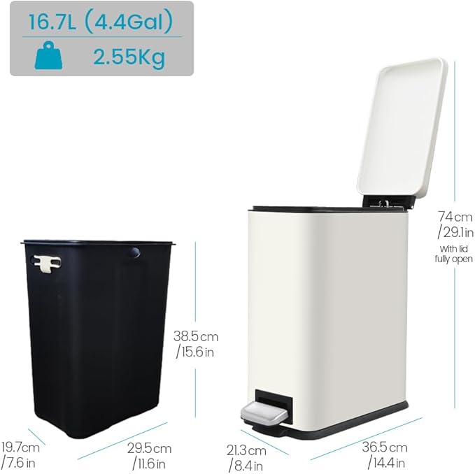 Bathroom Trash Can with Lid, 16.7L/ 4.4 Gallon Trash Can with Removable Inner Bucket, Soft Close lid, Stainless Steel Step Pedal Garbage Can for Bathroom, Kitchen, Home Office, White