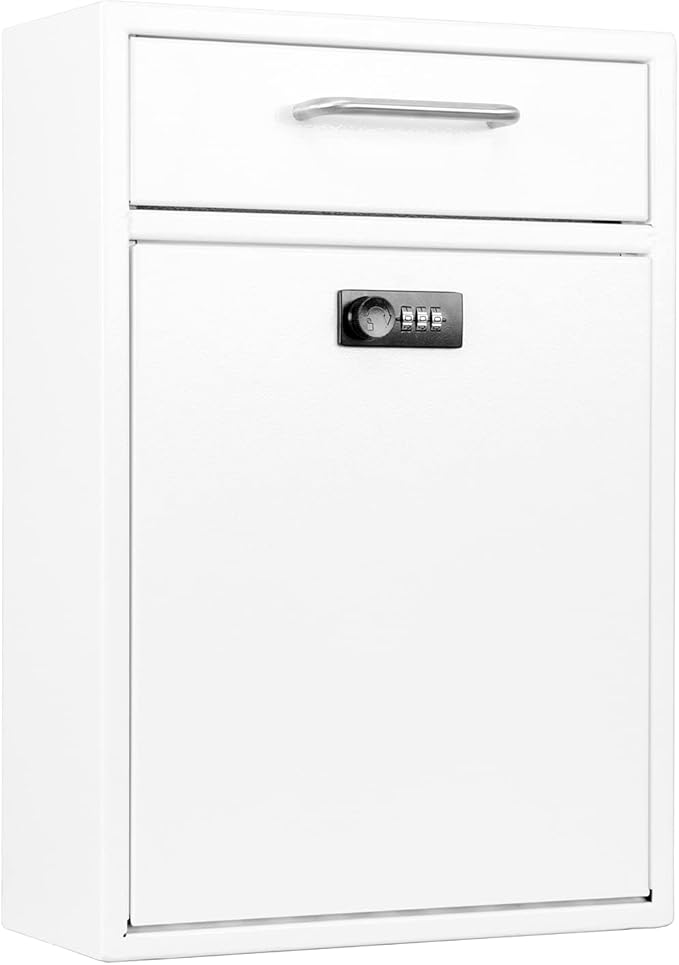 xydled Wall-Mount Mailbox with Combination Lock, Steel Key Lock Mail Boxes Outdoor, Locking Wall Mount Mailbox, Security Key Drop Box, Collection Boxes, 17.2H x 12.2L x 5.8W Inches, White, XL Large