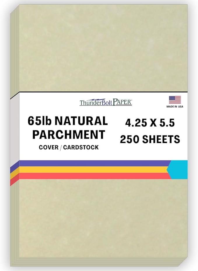 250 Natural Parchment 65lb Cover Paper Sheets 4.25" X 5.5" (4.25X5.5 Inches) Quarter Letter Size Cardstock Weight - Printable Old Parchment Semblance