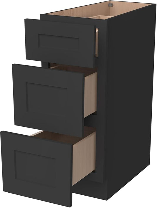 Shaker Style Charcoal Black RTA Solid Wood Base Cabinet with 3 Drawers and Soft Close Feature, 12" W x 24" D x 34.5" H, Perfect for Standalone Use or Kitchen Cabinet Combinations