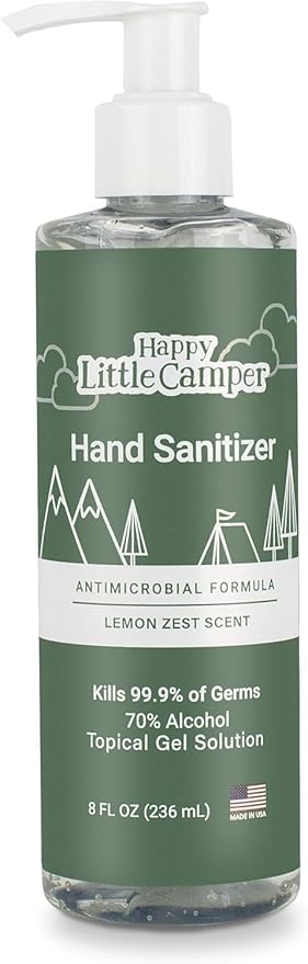 Happy Little Camper Hand Sanitizer with Lemon Zest Scent - Moisturizing Clear Gel with Vitamin E & Antimicrobial Formula- Contains 70% Ethyl Alcohol - Travel Size, Made in USA - 8 Fl Oz, 236ml