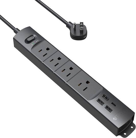 TROND Surge Protector Power Strip with USB, Ultra Thin Flat Plug 3ft Extension Cord 1625W, 3 USB A & 1 Type C, 4 AC Outlets 1440J Surge Protection, ETL Listed, Wall Mount for Home Office Dorm, Black