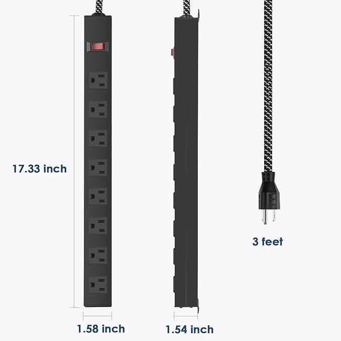 Metal 8 Outlet Mountable Power Strip with Switch,Wide Spaced Heavy Duty Wall Mount Power Strip Surge Protector 1200J,3FT 14AWG Braided Cord 15A 125V 1875W for Home Office Industrial Garage Commercial