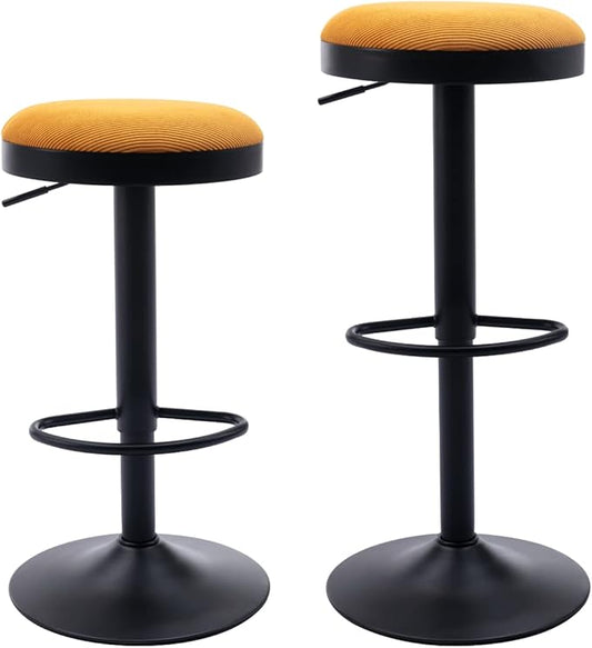 Round Swivel Counter Height Bar Stools Set of 2 Modern Adjustable Barstools Backless Corduroy Bar Chairs Industrial Island Chairs with Metal Base/Footrest for Kitchen Island/Pub/Bar, Yellow
