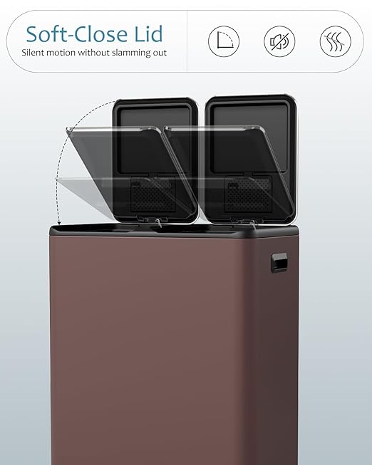 16 Gal (2 x 30 L) Dual Trash Can, Stainless Steel Kitchen Garbage Bin, Recycle Dustbin with Odor Control Box, Soft-Close Lid, Inner Buckets, Side Handle, Step Pedal, for Home Office