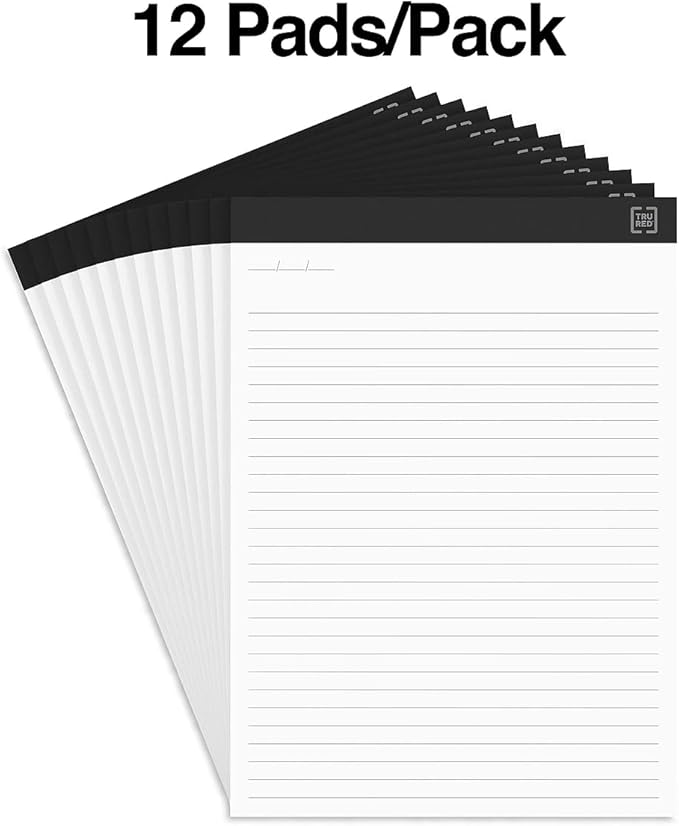 TRU RED Staples Notepads, 8.5-inch x 11.75-inch, Wide Ruled, White, 50 Sheets/Pad, 12 Pads/Pack (TR57382)