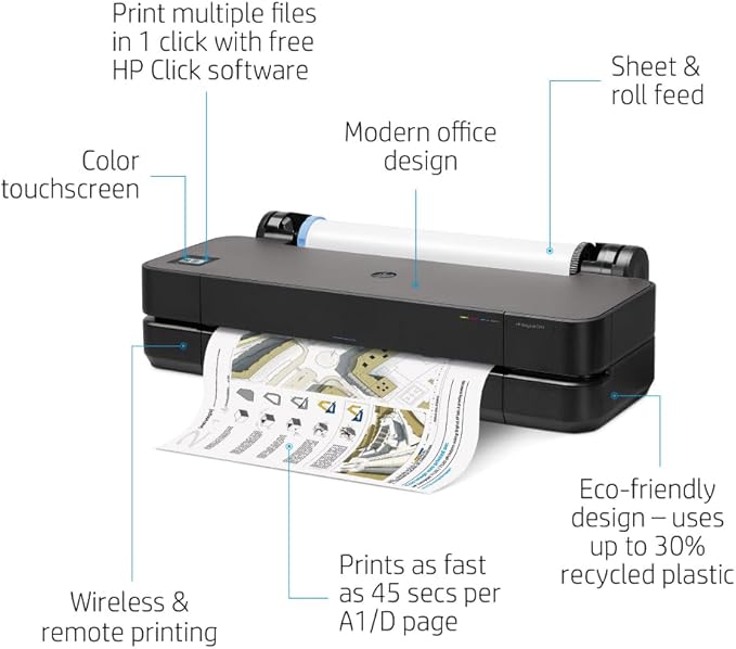 HP DesignJet T210 Large Format 24-inch Plotter Printer, with Modern Compact Design (8AG32D) - New Model