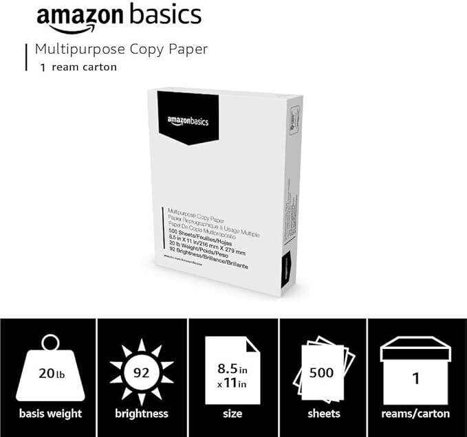 Amazon Basics Multipurpose Copy Printer Paper, 8.5 x 11 Inches, 20 lb, 1 Ream, (500 Sheets), 92 Bright, White
