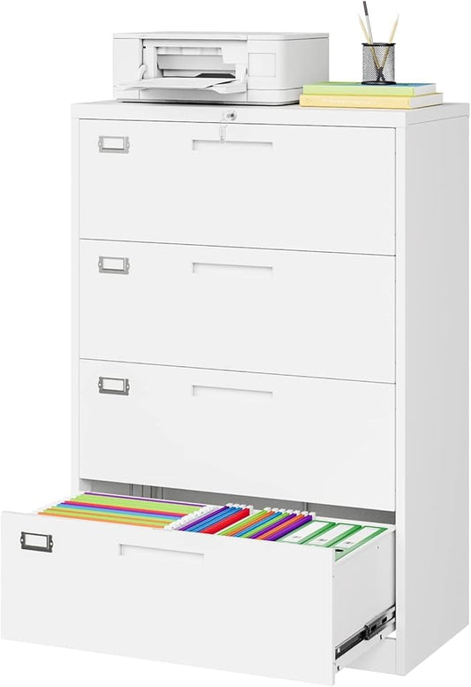 Lateral Filing Cabinet,4 Drawer File Cabinet with Lock,Office Lateral File Cabinets for Legal/Letter A4 Size,Require Assembly, White