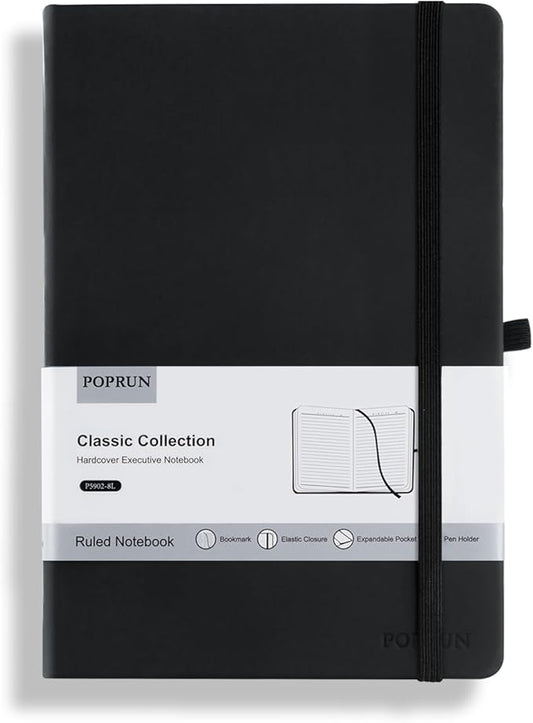 POPRUN A5 Lined Journal Notebooks, Leather Hardcover Thick Notebook for Writing, Business Work, Travel, School, College, Christmas, 5.5 x 8.3 inch, 240 Pages Classic Ruled Journals Notepad, Black