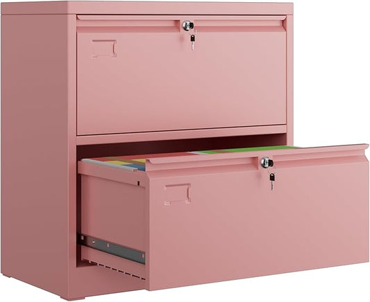 Metal 2 Drawer Lateral File Cabinet with 2 Lock - Wide Filing Cabinet for Letter/Legal/F4/A4 Hanging Files - Includes Business Card Holder,Home Office School Storage,Pink