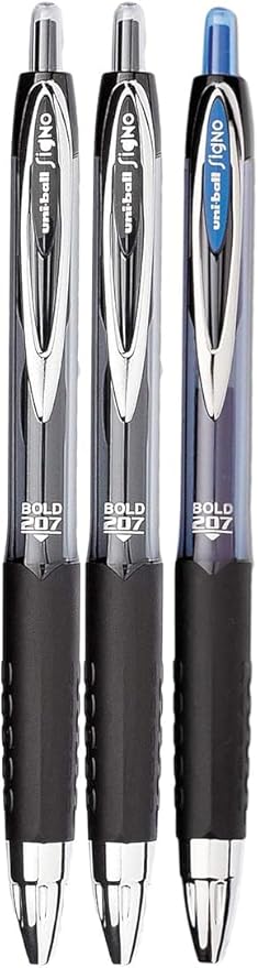 Signo 207 Roller Ball Retractable Gel Pens, Bold Point (1.0mm), Black And Blue Ink, 3 Count, Bundle with Plastic Reusable Pouch