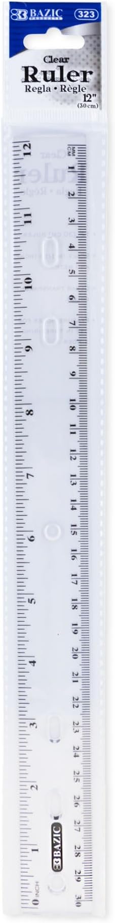BAZIC Plastic Clear Rulers 12 inch (30cm), Inches Centimeter Metric Ruler Measuring Long Ruler, Straight Edge Ruler for Students School Supplies, 1-Pack