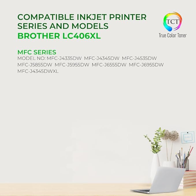 TCT LC406XL Ink Cartridge 4 Pack - Compatible Replacement for Brother LC406XL High Yield, Works with Brother MFC-J4335 J4345 J4535 J5855 J5955 Printers (Black, Cyan, Magenta, Yellow)