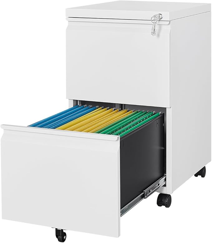 2 Drawers Vertical File Cabinet - Fully Assembled White Under Desk Mobile Filling Cabinet Small Lockable Home Office File Cabinets for A4/Letter/Legal Size