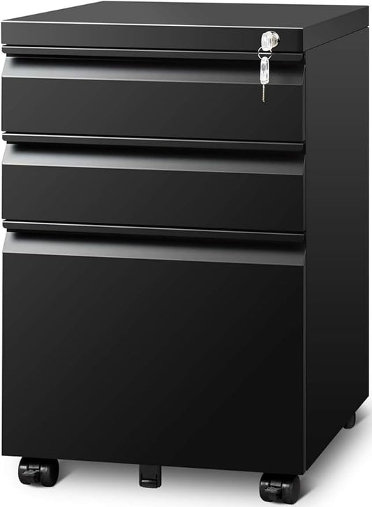 Filing Cabinets for Home Office, Mobile File Cabinet with Lock, 3 Drawer Filing Cabinet for A4/Letter/Legal Size Folder, Fully Assembled Except Casters, Matte Black