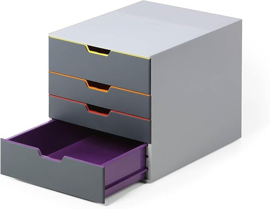 Durable Varicolor 4 Drawer Unit - Gray Desktop Drawer Set with 4 Color Coded Draws - Letter to Folio Size Files - Perfect for Storing Documents and Paper Work