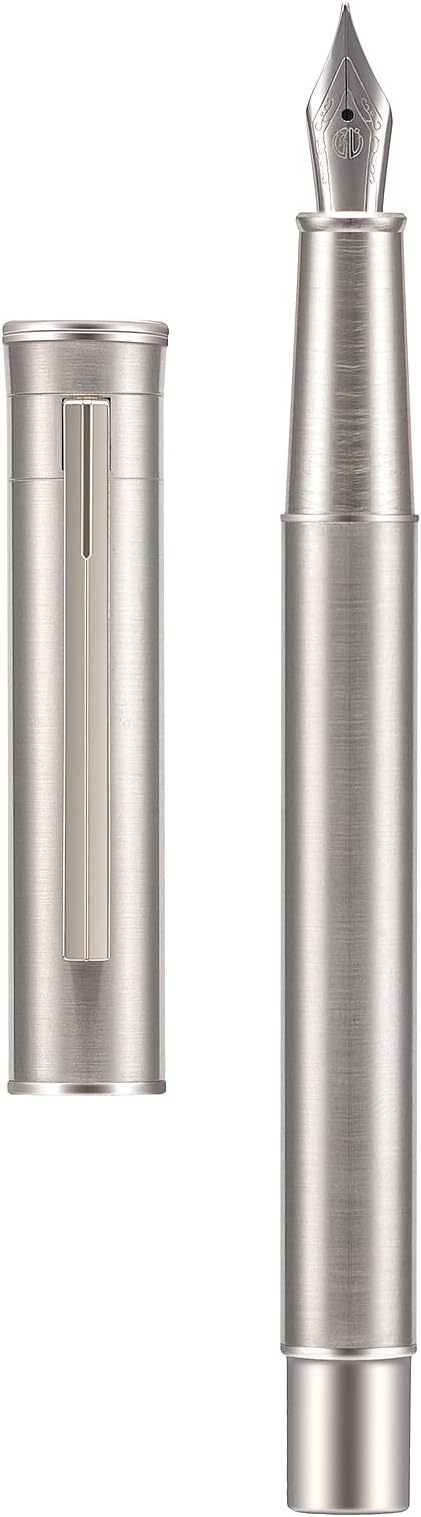 Hongdian 1861 Stainless Steel Fountain Pen Medium Nib, Classic Design Smooth Writing Pen with Converter and Metal Pen Case Set