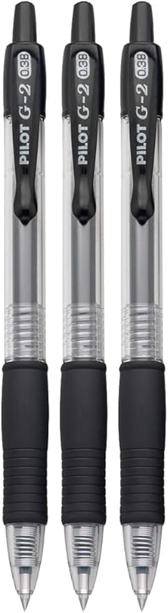 G2 Retractable Premium Gel Ink Roller Ball Pens Ultra Fine Point (.38mm) Black Ink 3 pack; Refillable & Premium Comfort Grip Bundle with Plastic Reusable Pouch
