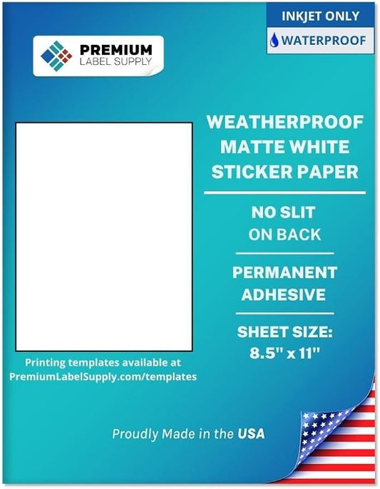 Premium Label Supply Waterproof White Inkjet Sticker Paper – 8.5" x 11" Full Sheet Labels – Inkjet Printers only – Similar to Vinyl – 500 Sheets