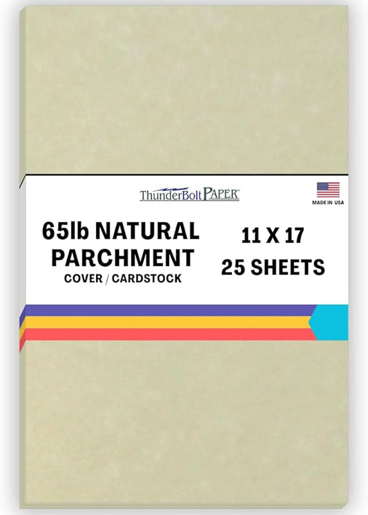 25 Natural Parchment 65lb Cover Paper Sheets 11 X 17 Inches Cardstock Weight Colored Sheets (11"X17") Tabloid|Ledger Size - Printable Old Parchment Semblance Through The Processing of The Pulp