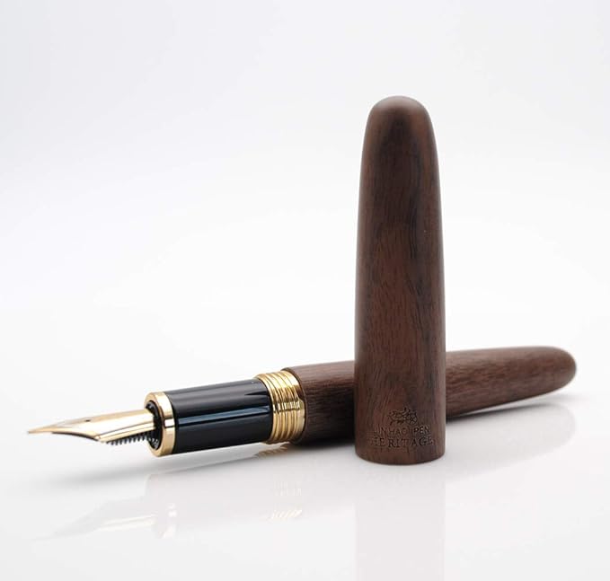 JINHAO 9056 Natural Wood Fountain Pen Handmade Ink Pen (Peach Wood, Fine Nib 0.5mm)