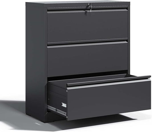 Locking Filing Cabinet with 3 Drawer Heavy Duty Large Metal File Cabinet Home Office Black Lateral File Cabinets Wide Steel Cabinet for Legal/Letter Size File,Assembly Required