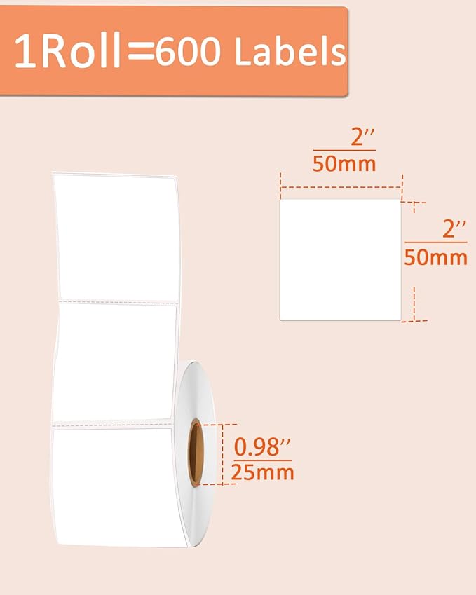 2 Inch White Square Thermal Sticker Labels, Self-Adhesive Direct Thermal Labels,DIY Design, QR Code, Name Tag, Brand Label,Gift Label (White 600 PCS/1 Roll)