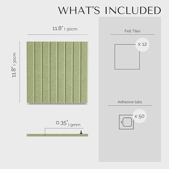 Large Cork Boards for Walls Black Felt Alternative - Slat Wall Paneling, Bulletin Board Tiles for Home Decor, Push Pin Corkboard Organizer for Office or Classroom-12-Pack Panel Kit (Avocado)