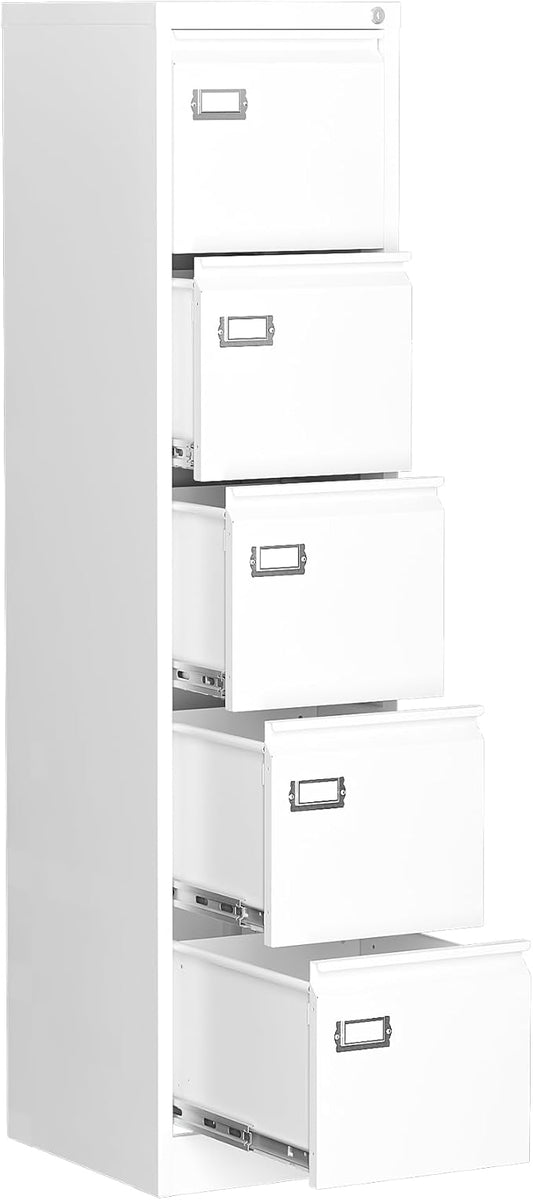 5 Drawer File Cabinet, Filing Cabinets for Home Office, Vertical File Cabinet with Lock, 61.6" H Locking File Cabinet for A4 Legal/Letter, Assembly Required (White)
