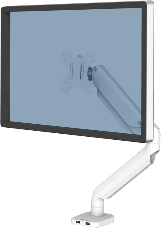Fellowes Platinum Series Single Monitor Arm for 40-Inch Monitors, Full Motion, 360° Rotation, VESA Mount with Grommet or Clamp, USB Ports, Ergonomic, White, 8056201