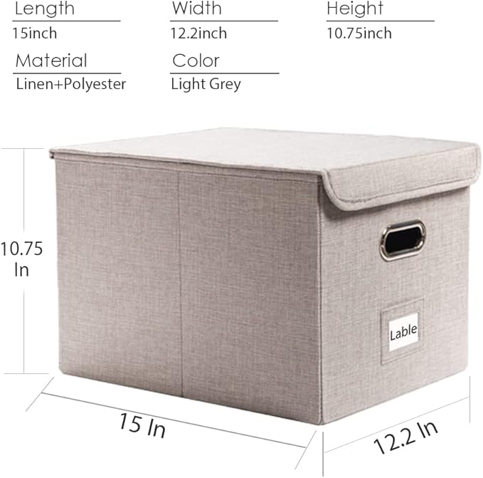 PRANDOM File Organizer Box - Set of 4 Collapsible Decorative Linen Filing Storage Hanging File Folders with Lids Office Cabinet Letter Size Light Grey (15x12.2x10.75 inch)