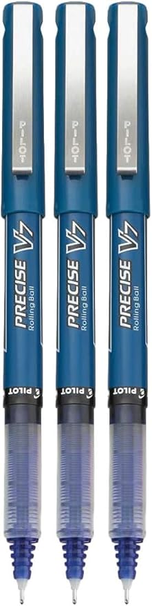 Precise V7 Stick Rolling Ball Pens, Fine Point (.7mm), Blue Ink, 3-pk; Bundle with Plastic Reusable Pouch