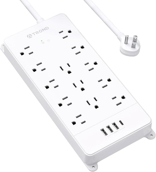 TROND Power Strip Surge Protector - White Extension Cord with USB Ports, 13 Widely-Spaced Outlets Expansion, 5ft, Flat Plug, Under Desk, Wall Mount, Heavy Duty, 4000 Joules, Office, Home, ETL Listed