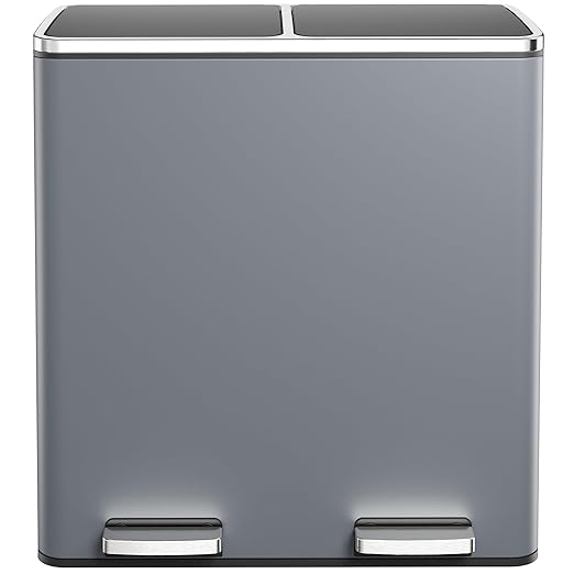 AthLike 60L(16 Gal ) Dual Trash Can, Stainless Steel Kitchen Garbage Can, Double Compartment Classified Rubbish Bin, Recycle Dustbin w/Plastic Inner Buckets, Handle, Soft-Close Lid, Airtight, Grey