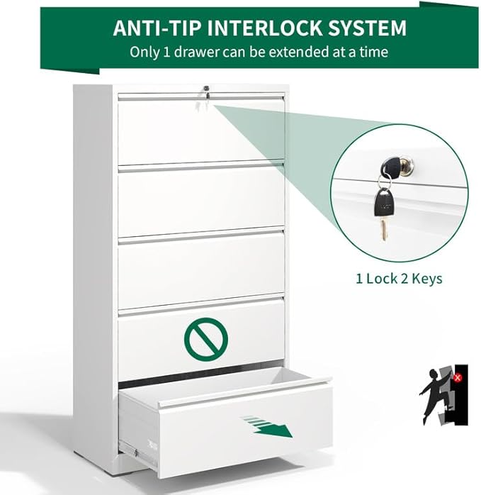 5 Drawer Lateral File Cabinet with Lock, Metal Filing Cabinets for Home Office, Steel Storage Wide File Cabinet for Letter/Legal/F4/A4 Size with Hanging Bars, Assembly Required (White)