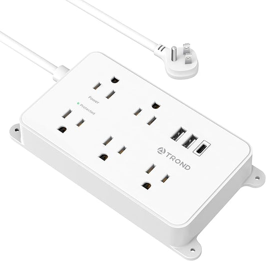 TROND Power Strip with USB, Surge Protector Flat Plug with 5 Widely-Spaced Outlets and 3 USB Ports, ETL Listed, 1300J, Wall Mountable, 5ft Extension Cord, for Office Kitchen, White