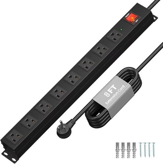 KF 8 Outlet Heavy Duty Power Strip Surge Protector, 2100J Surge Protection Black Power Strip, 15A/1875W Mountable Power Strips, 14AWG 6FT Extension Cord, Black(8FT-2100J)